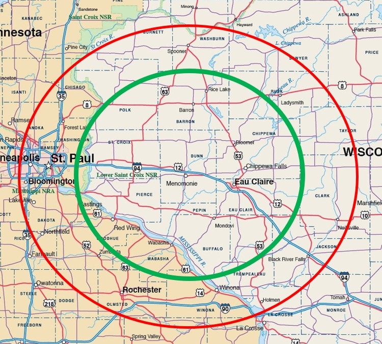 Flying Badger Drone Services coverage map showing green and red zone pricing circles